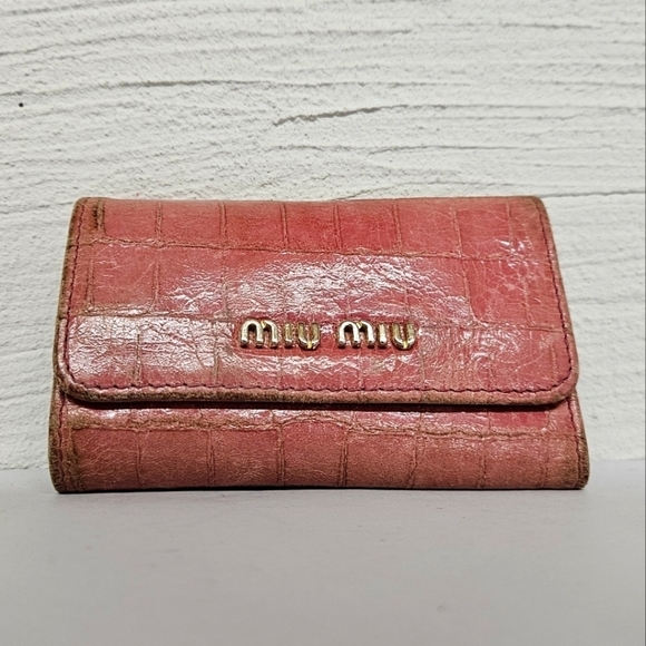 Miu Miu Handbags - Miu Miu Baby Croc Six Key Cles Tri Fold Wallet in Pink Leather